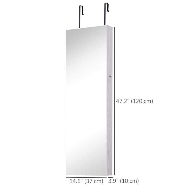 HOMCOM Mirror Jewellery Cabinet Armoire with LED Lights and 2 Keys, Wall Door Mounted Jewellery Organizer, Lockable Full-length Mirror, Wood Grain Grey