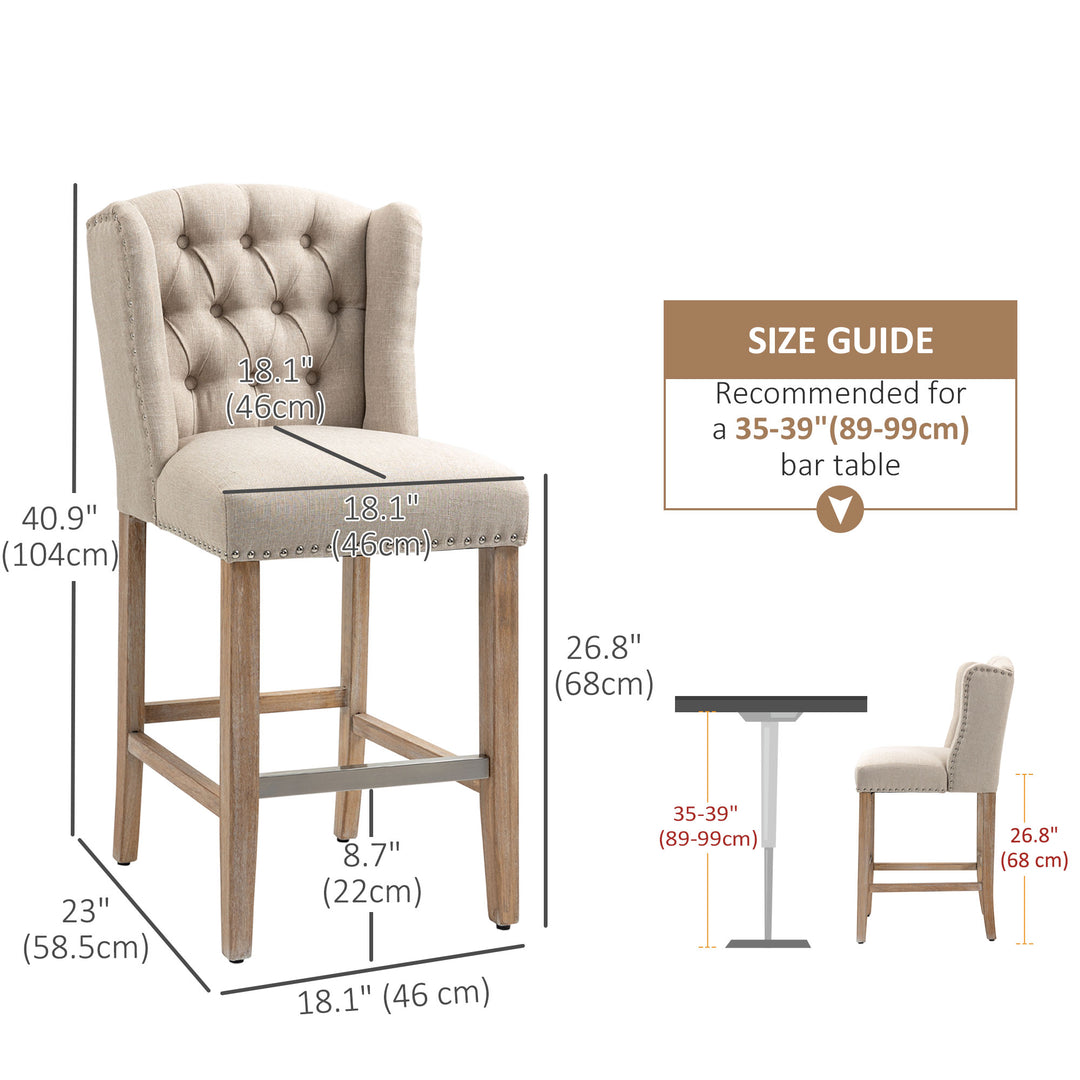 HOMCOM Counter Height Bar Stools Set of 2, Upholstered Bar Chairs with Nailhead Backrest and Footrest, Charcoal Grey