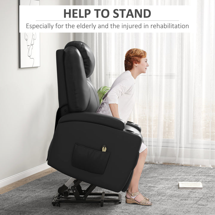 HOMCOM Power Lift Recliner Chair for Elderly, PU Leather Lift Chair with Footrest, Remote Control, Side Pockets and Cup Holders, Reclining Sofa for Living Room, Black