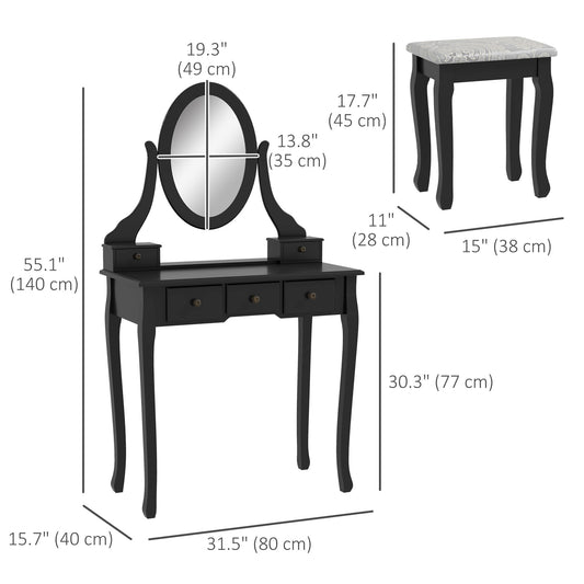 HOMCOM Vanity Desk with Stool, Makeup Vanity with 360Â° Rotating Oval Mirror, 5 Drawers and Padded Seat, Dressing Table for Bedroom, Black