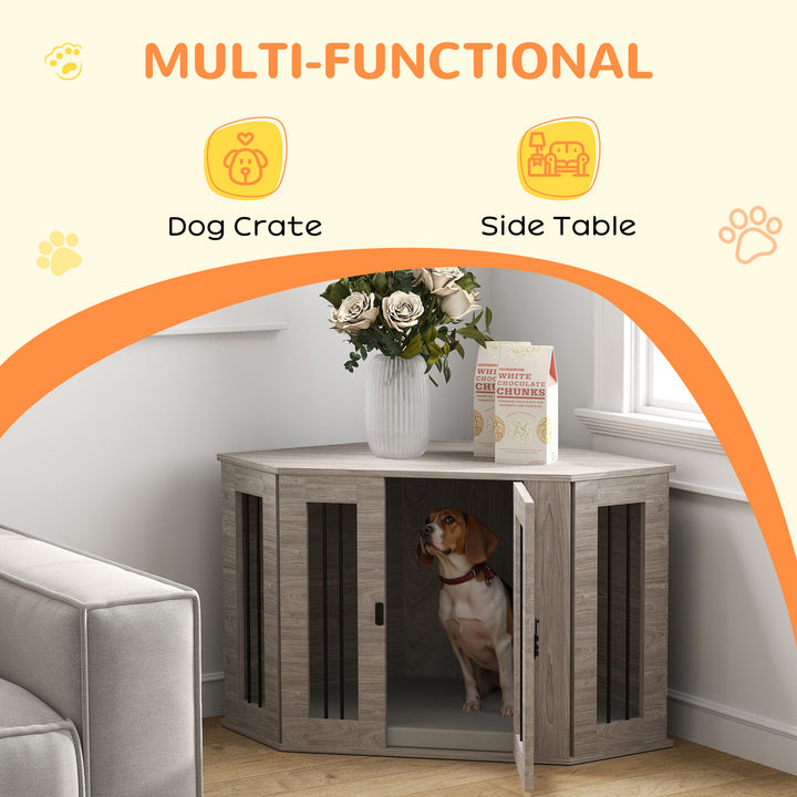 PawHut Dog Crate Furniture with Cushion, 41 Inch Corner Design Dog Crate End Table for Medium Dogs, Walnut Brown