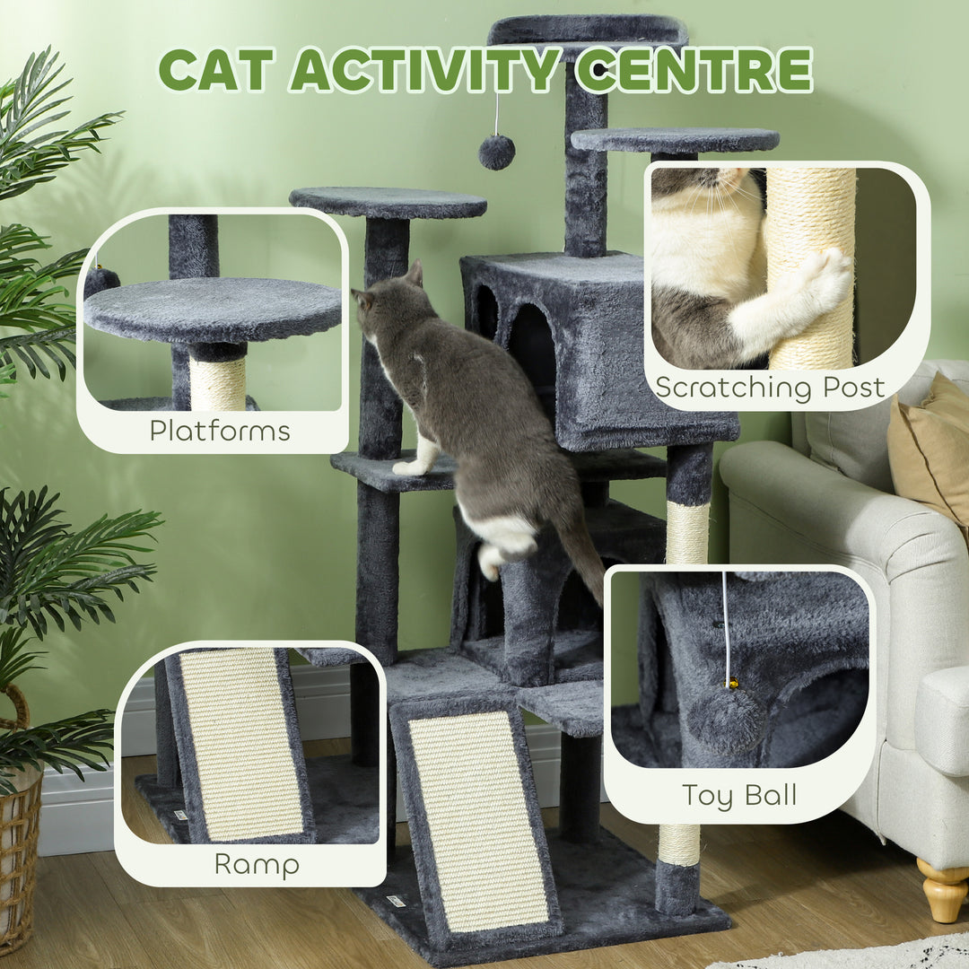 PawHut 54" Cat Tree, Multi-Level Cat Tower with Scratching Posts, Cat Condos, Bed, Platforms, Ramp, Toy Ball, Dark Blue