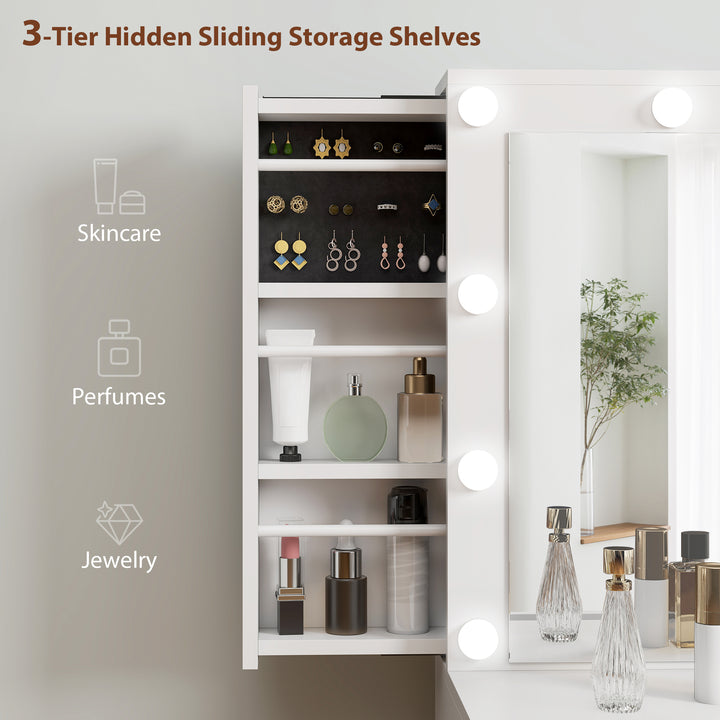 HOMCOM Makeup Vanity Table with Lights, Dressing Table with 7 Drawers, 6 Hidden Sliding Storage Compartments, White