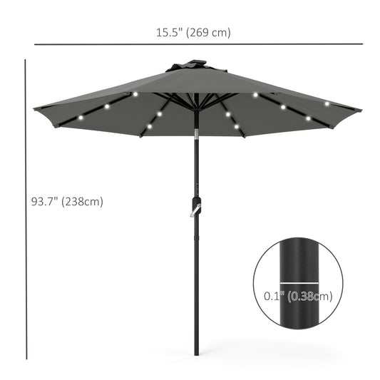 Outsunny 8.8 ft Solar Powered Outdoor Patio Umbrella Round Market Table Umbrella with Adjustable LED Lights Tilt Crank Dark Grey