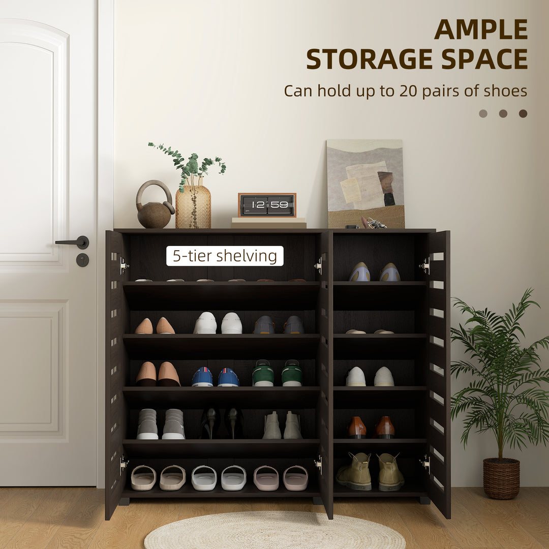 HOMCOM Narrow Shoe Cabinet with Slatted Doors, Adjustable Shelves for 20 Pairs of Shoes, Shoe Cabinet for Entryway, Dark Brown
