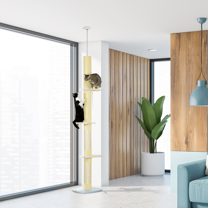 PawHut 87"-102" Floor to Ceiling Cat Tree w/ Sisal Scratching Posts, Anti-tip Kit, Perches, Toy Ball, Yellow