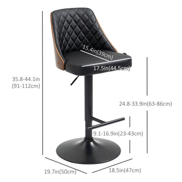 HOMCOM Modern Bar Stools PU Leather Set of 2 Swivel Bar Height Barstools Chairs with Adjustable Height, Round Heavy Metal Base and Footrest, Black