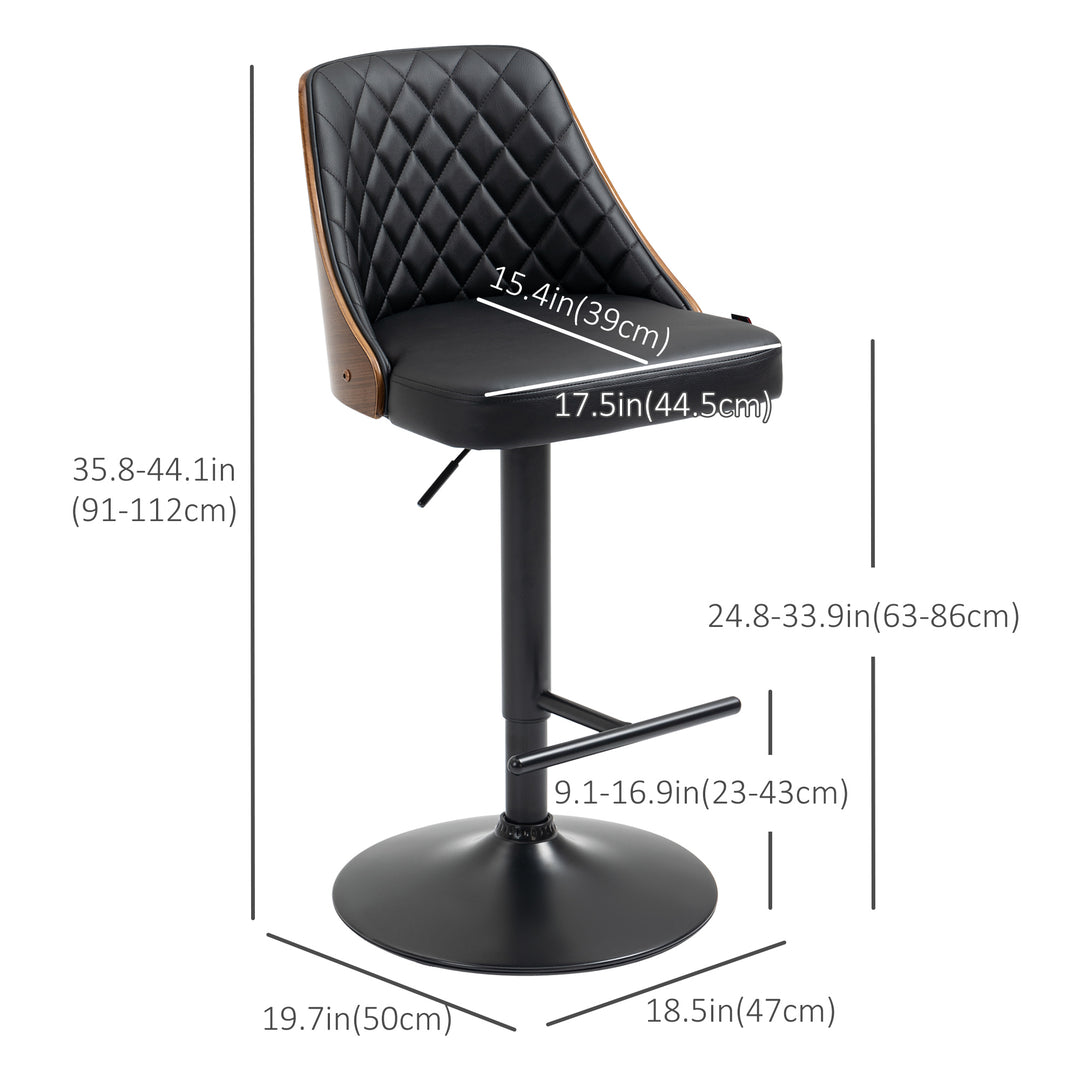 HOMCOM Modern Bar Stools PU Leather Set of 2 Swivel Bar Height Barstools Chairs with Adjustable Height, Round Heavy Metal Base and Footrest, Black