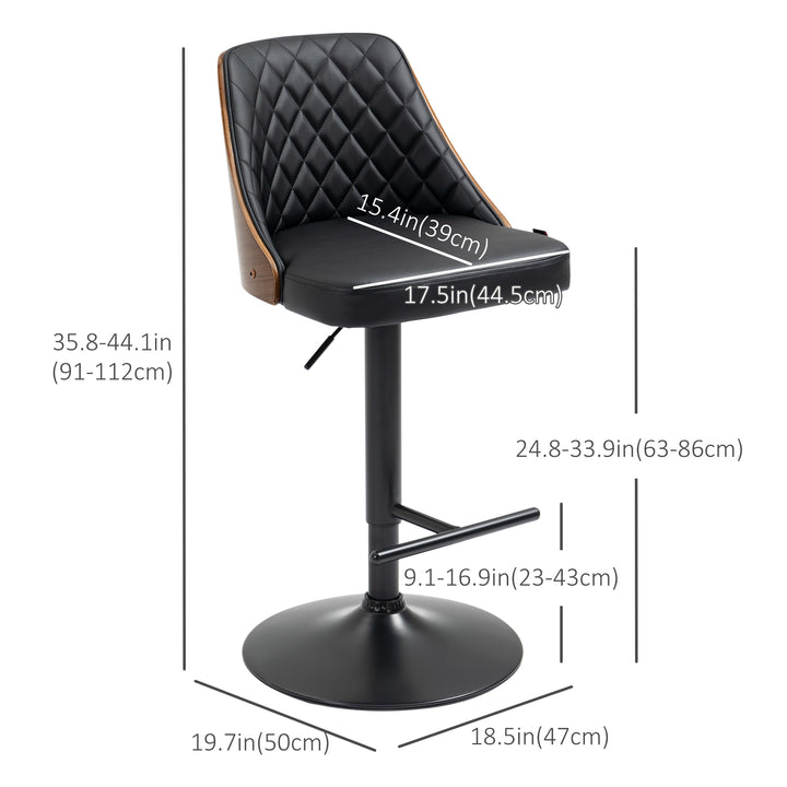 HOMCOM Modern Bar Stools PU Leather Set of 2 Swivel Bar Height Barstools Chairs with Adjustable Height, Round Heavy Metal Base and Footrest, Black