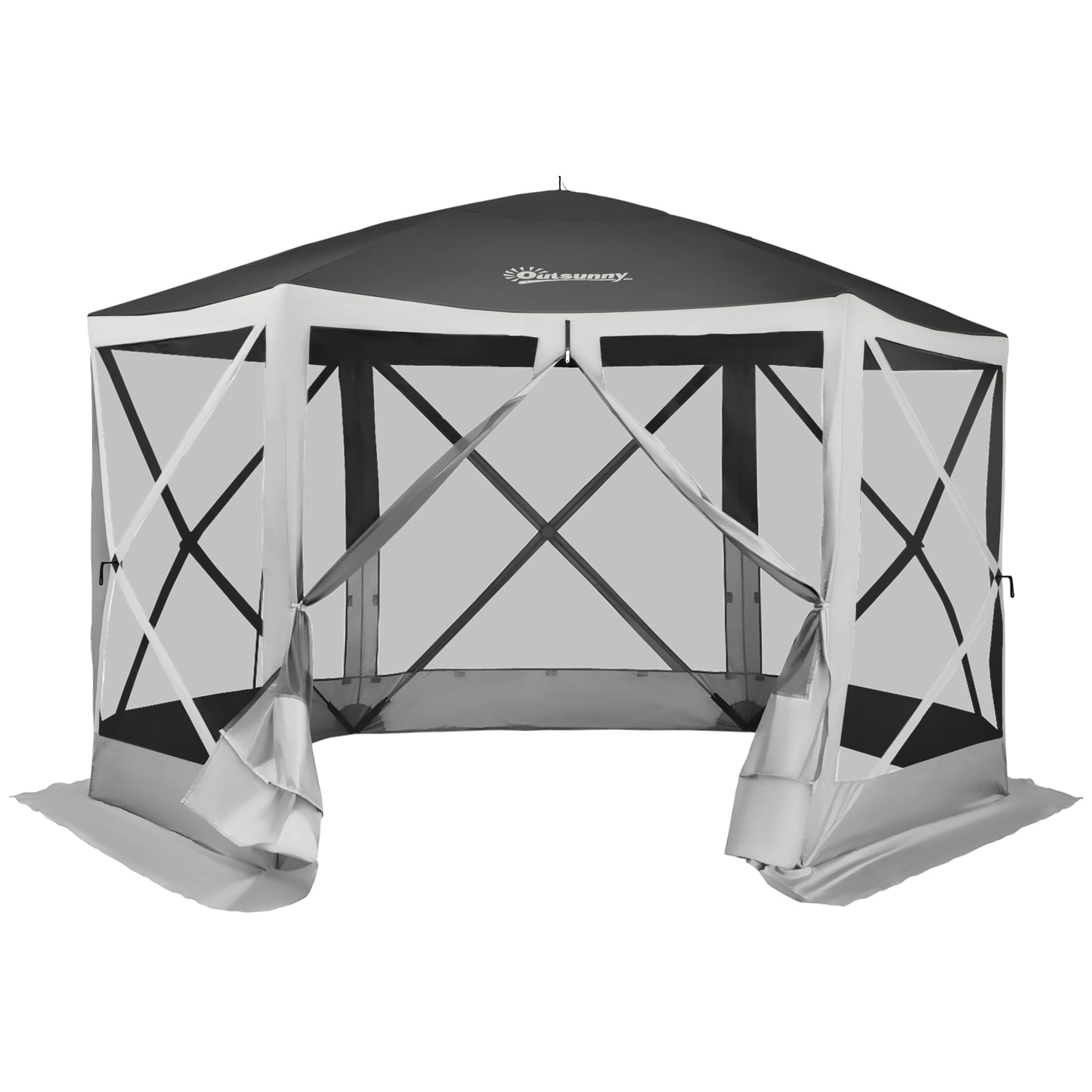 Outsunny 12' x 12' Hexagon Automatic Pop Up Screen Tents Camping Shelter Picnic Canopy Outdoor Sun Shade w/ Mesh Sidewalls and Carry Bag Beige