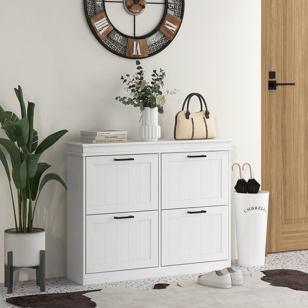 HOMCOM Shoe Storage Cabinet with 4 Flip Drawers and Adjustable Shelves, Narrow Shoe Cabinet for 20 Pairs of Shoes, White