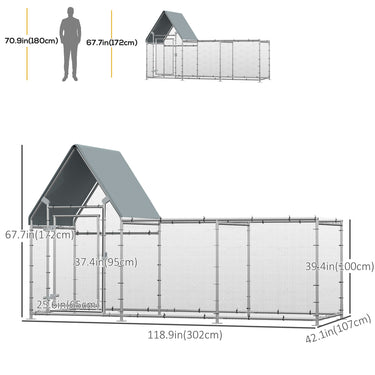 PawHut Walk In Chicken Run, Large Galvanized Chicken Coop, Hen Poultry House Cage, Rabbit Hutch Metal Enclosure with Water-Resist Cover for Outdoor Backyard Farm, 119" x 42" x 68"