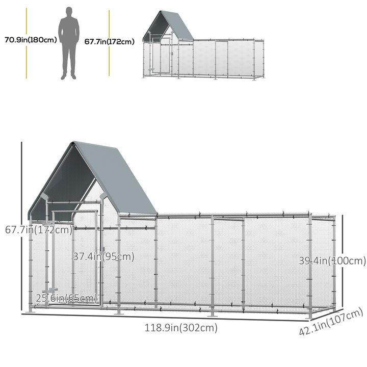 PawHut Walk In Chicken Run, Large Galvanized Chicken Coop, Hen Poultry House Cage, Rabbit Hutch Metal Enclosure with Water-Resist Cover for Outdoor Backyard Farm, 119" x 42" x 68"