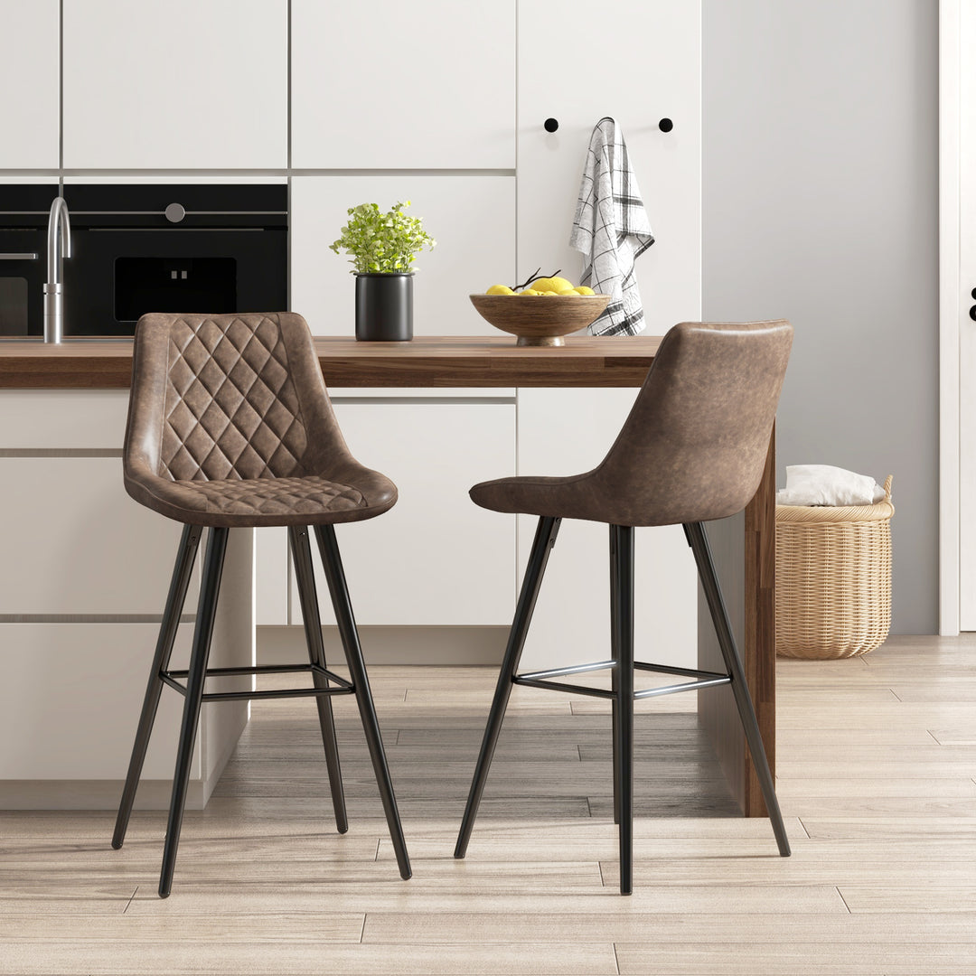 HOMCOM PU Leather Counter Height Bar Chairs Set of 2, 27.75" Bar Stools with Metal Legs for Dining Area, Kitchen Island, Brown
