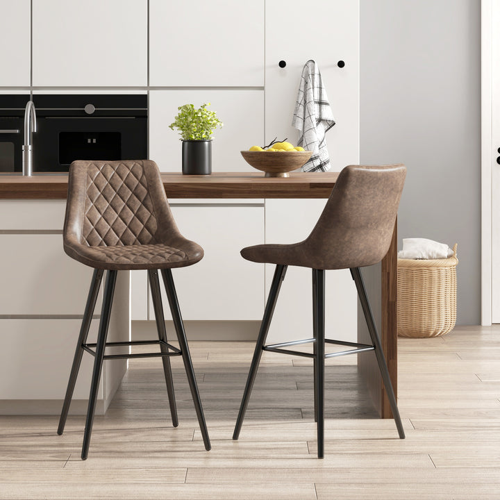 HOMCOM PU Leather Counter Height Bar Chairs Set of 2, 27.75" Bar Stools with Metal Legs for Dining Area, Kitchen Island, Brown