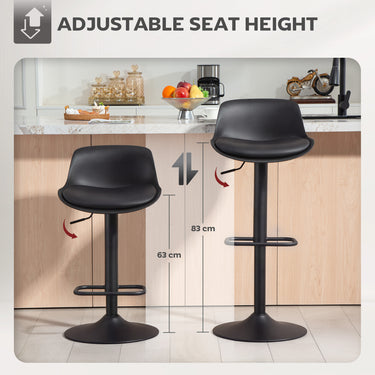 HOMCOM Counter Height Bar Stools Set of 2, Streamlined Bar Chairs with Adjustable Height and Swivel PU Leather Seat, Black