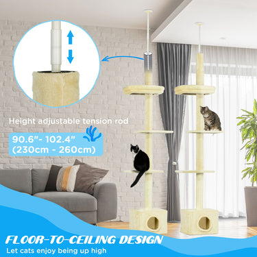 PawHut Floor to Ceiling Cat Tree with Scratching Post for Indoor Cats, Adjustable Height Cat Tower (91-102 Inches) with House, Bed, Beige