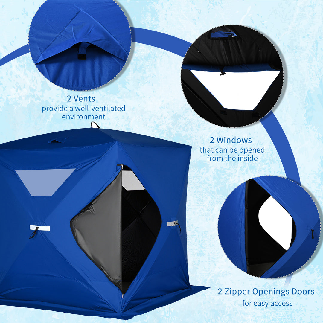 Outsunny 2-4 Person Pop-up Ice Fishing Tent Portable Ice Fishing Shelter with Windproof Windows and Carrying Bag Hub Fish Shelter, Blue