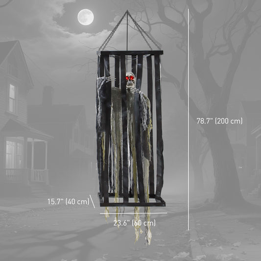 Outsunny Animatronics Hanging Skeleton Reaper in Cage, Voice-Activated Prop with Flashing Eyes, Easy Setup Indoor