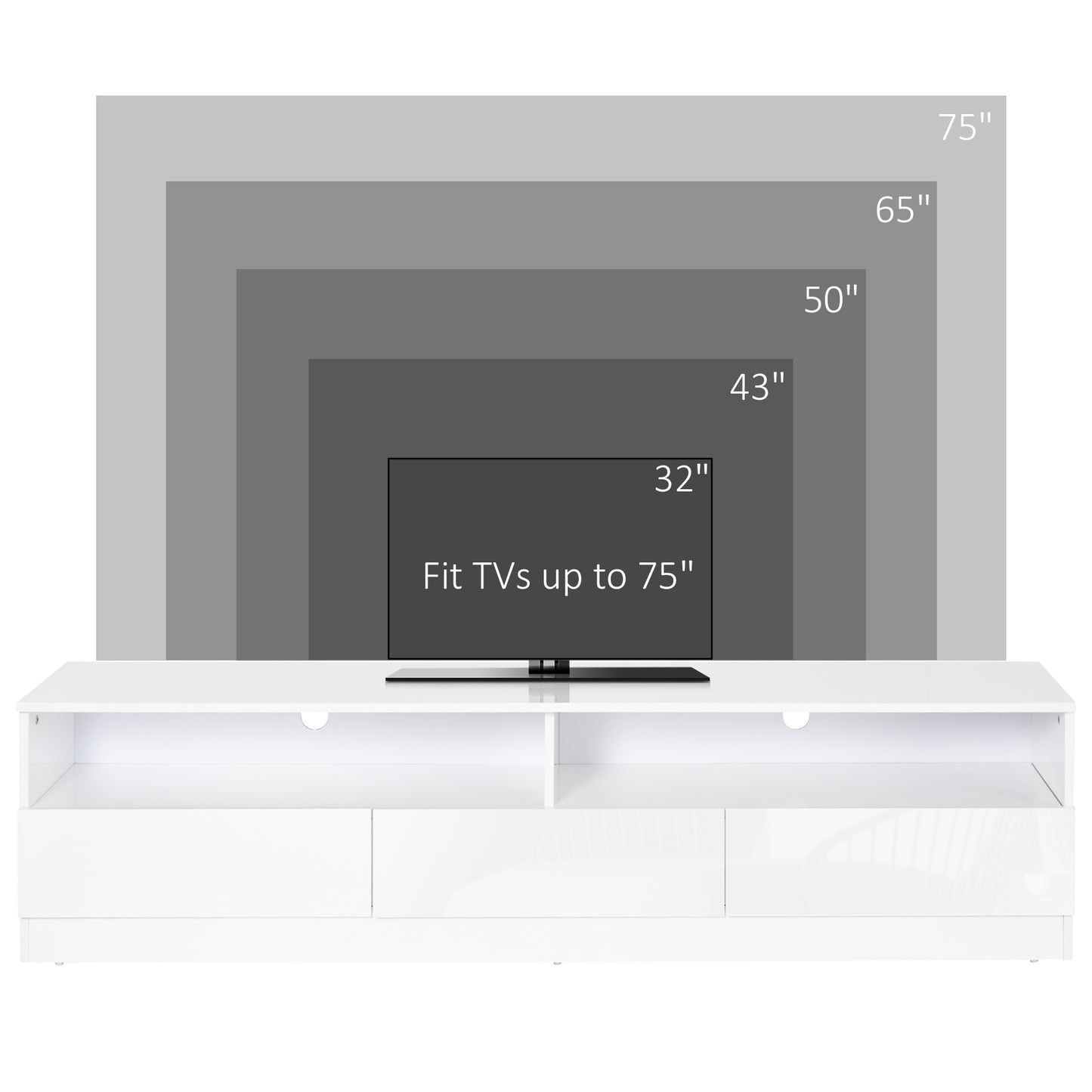 HOMCOM LED Lighted TV Stand for TVs up to 75", Modern TV Cabinet with Storage Drawers for Living Room, High Gloss White