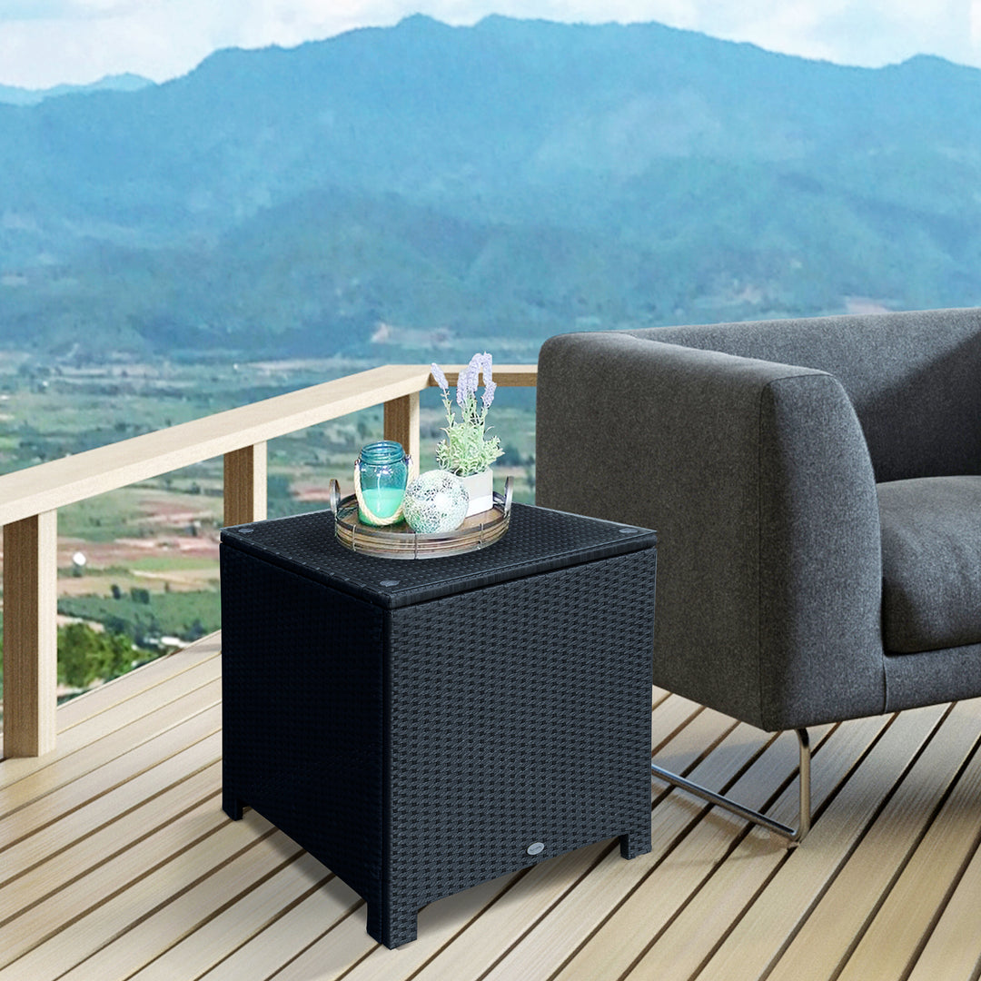 Outsunny Rattan Side Table Wicker Coffee Table with Glass Top Outdoor Patio Furniture For Patio Poolside Garden Lawn, Black