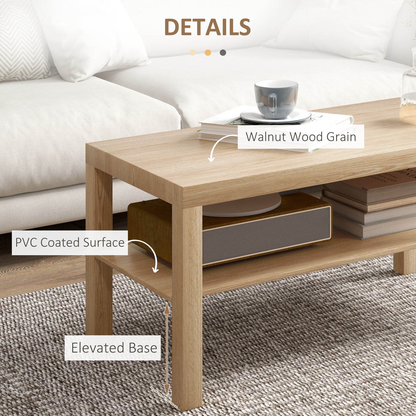 HOMCOM 2 Tier Coffee Table with Storage Shelf, Rectangular Center Table for Living Room, Home Office Furniture Walnut