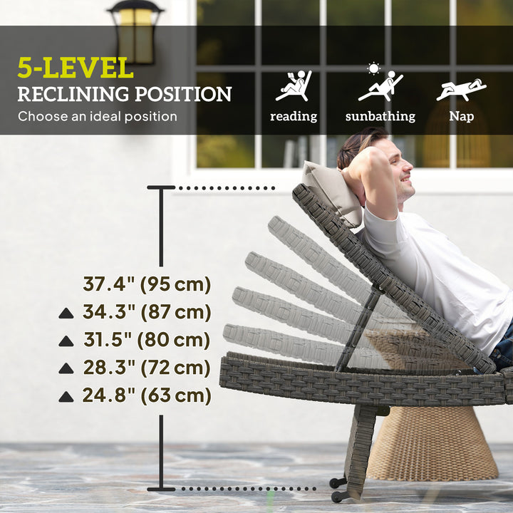 Outsunny Rattan Folding Outdoor Lounger Chair Recliner with 5-Level Adjustable Backrest, Wheels for Garden, Patio, Mixed Brown