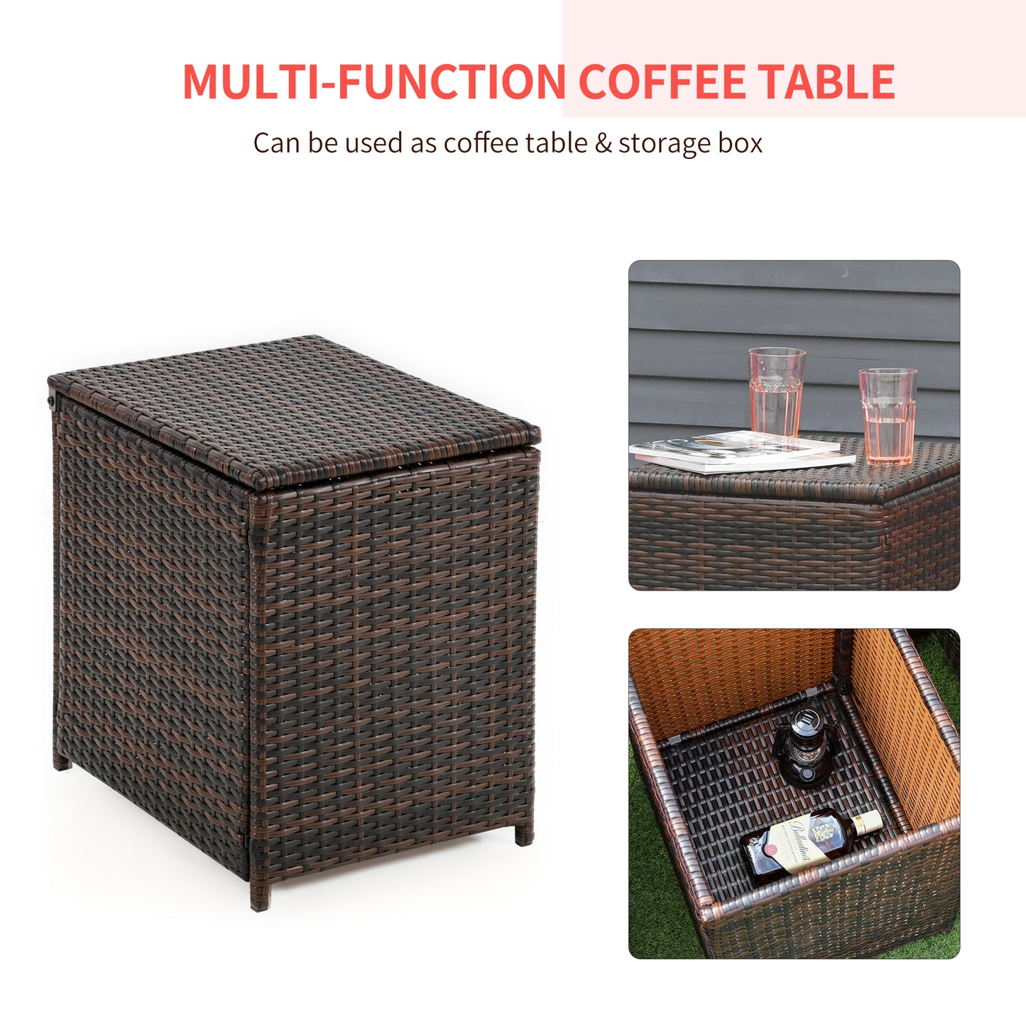 Outsunny 3 Pieces Wicker Patio Furniture Set, Rattan Bistro Set with Storage Coffee Table and Thickened Cushions, Outdoor Conversation Set for Garden, Porch, Balcony, Red