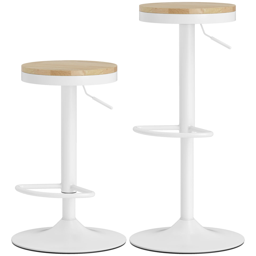 HOMCOM Wood Barstools Set of 2, Swivel Bar Stools with Adjustable Height for Kitchen Counter, Natural Wood and White