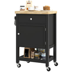 HOMCOM Kitchen Island on Wheels, Rolling Kitchen Cart with Wood Top, Towel Rack, Drawer and Shelf for Dining Area, Black