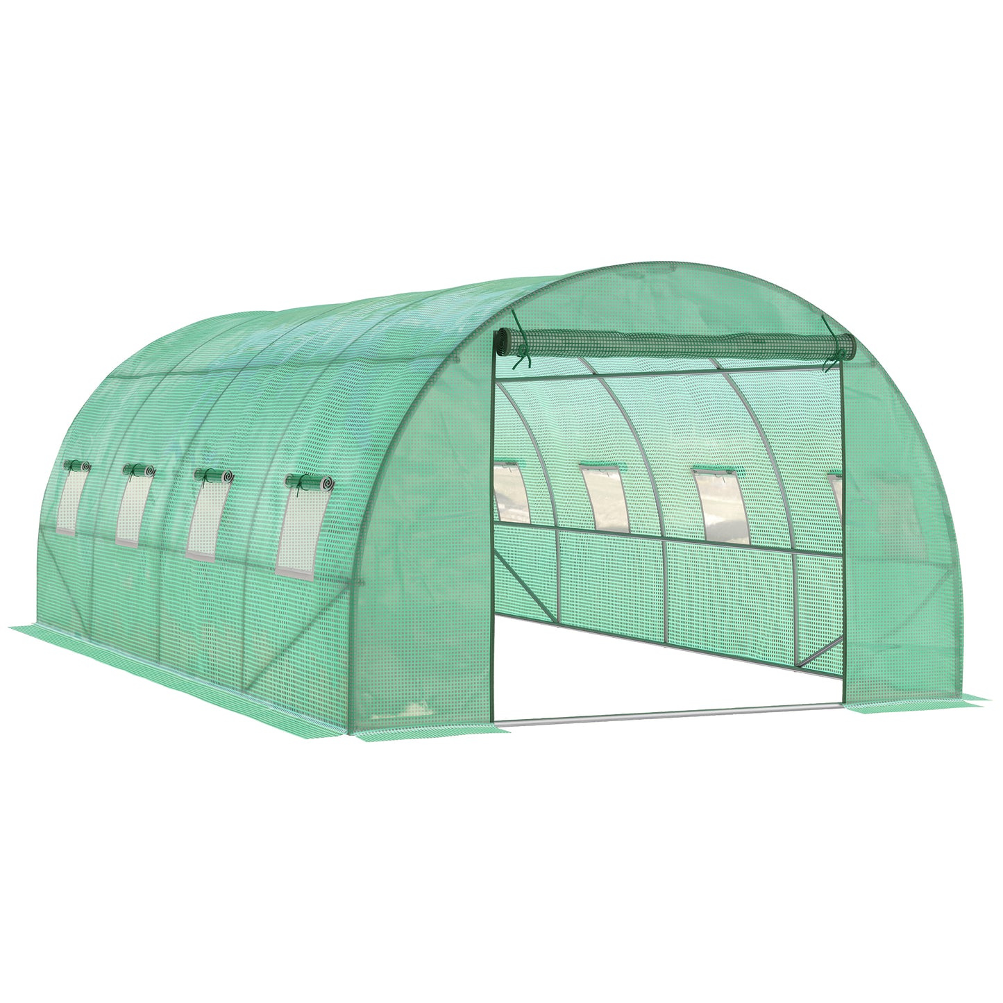 Outsunny Walk-in Tunnel Greenhouse, 13 x 6.4 x 6.5 ft Hoop House with Zipped Roll-Up Door and 8 Mesh Windows, Outdoor Greenhouse with Galvanised Steel Frame, Green