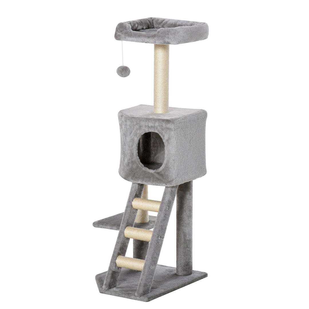 PawHut 47" Tall Cat Tree Tower with Condo, Ladder, Scratching Posts and Hanging Ball, Light Grey