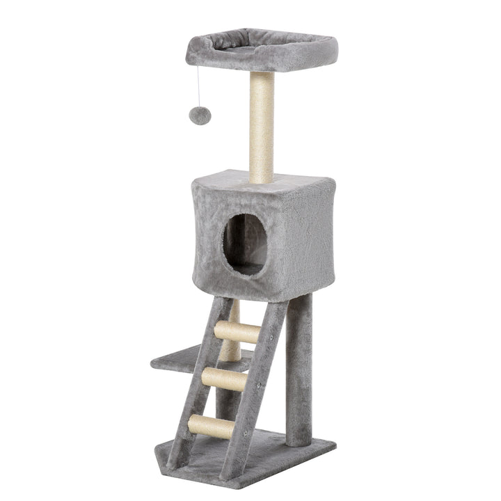 PawHut 47" Tall Cat Tree Tower with Condo, Ladder, Scratching Posts and Hanging Ball, Light Grey