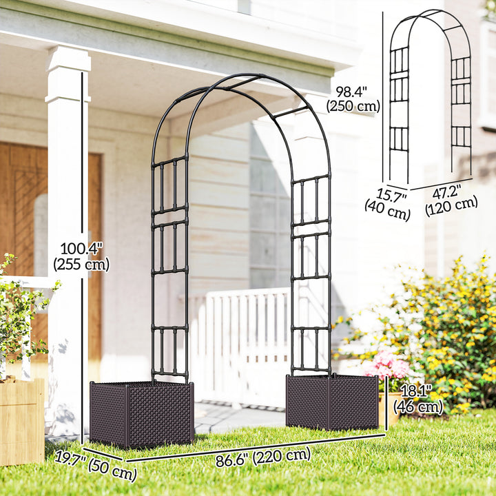 Outsunny 8ft Garden Arch with Two Planters Outdoor Steel Trellis Arbor for Climbing Plants, Weddings, Party, Brown, Black