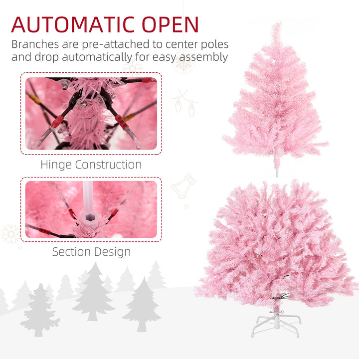 HOMCOM 5' Artificial Pink Christmas Tree with Auto Open, Steel Base, Wide Shape for Indoor Xmas Decoration