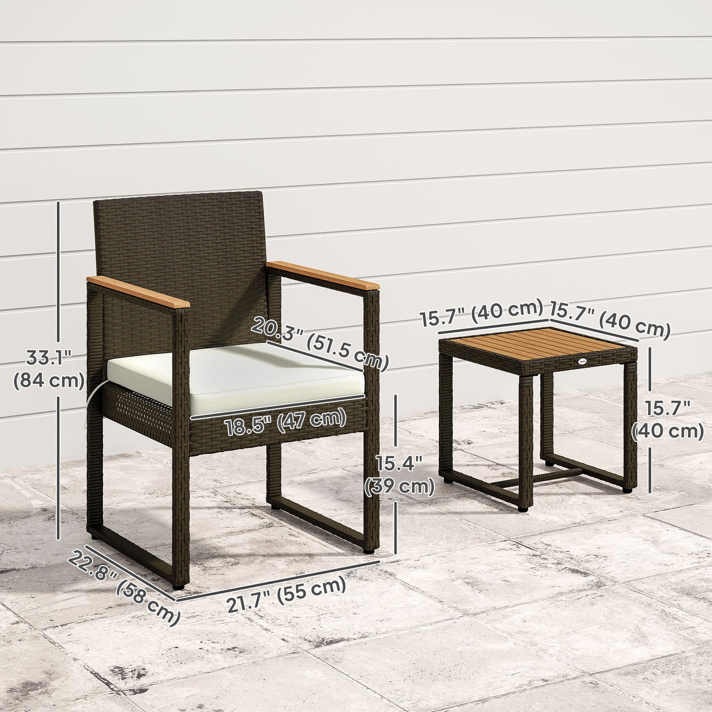 Outsunny 3 Pieces Wicker Patio Furniture Set, Rattan Bistro Set w/ Acacia Wood Table & Removable Cushions, Dark Blue