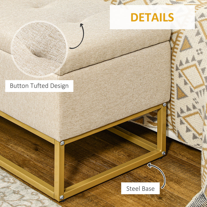 HOMCOM Storage Ottoman with Flip Top, Upholstered Storage Bench, Linen Fabric Footstool with Steel Legs for Living Room, Bedroom, Beige