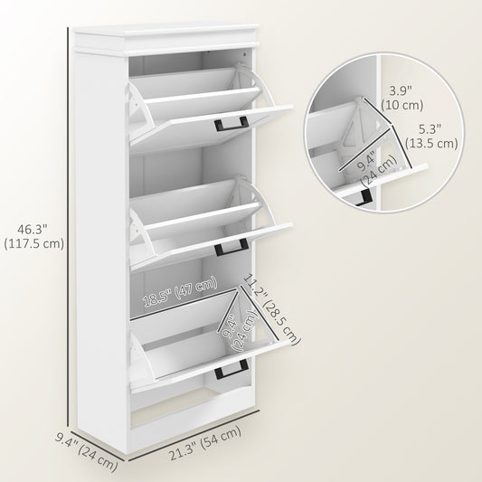 HOMCOM Slim Shoe Cabinet with 3 Flip Drawers and Adjustable Shelves, Narrow Shoe Cabinet for 15 Pairs of Shoes, White
