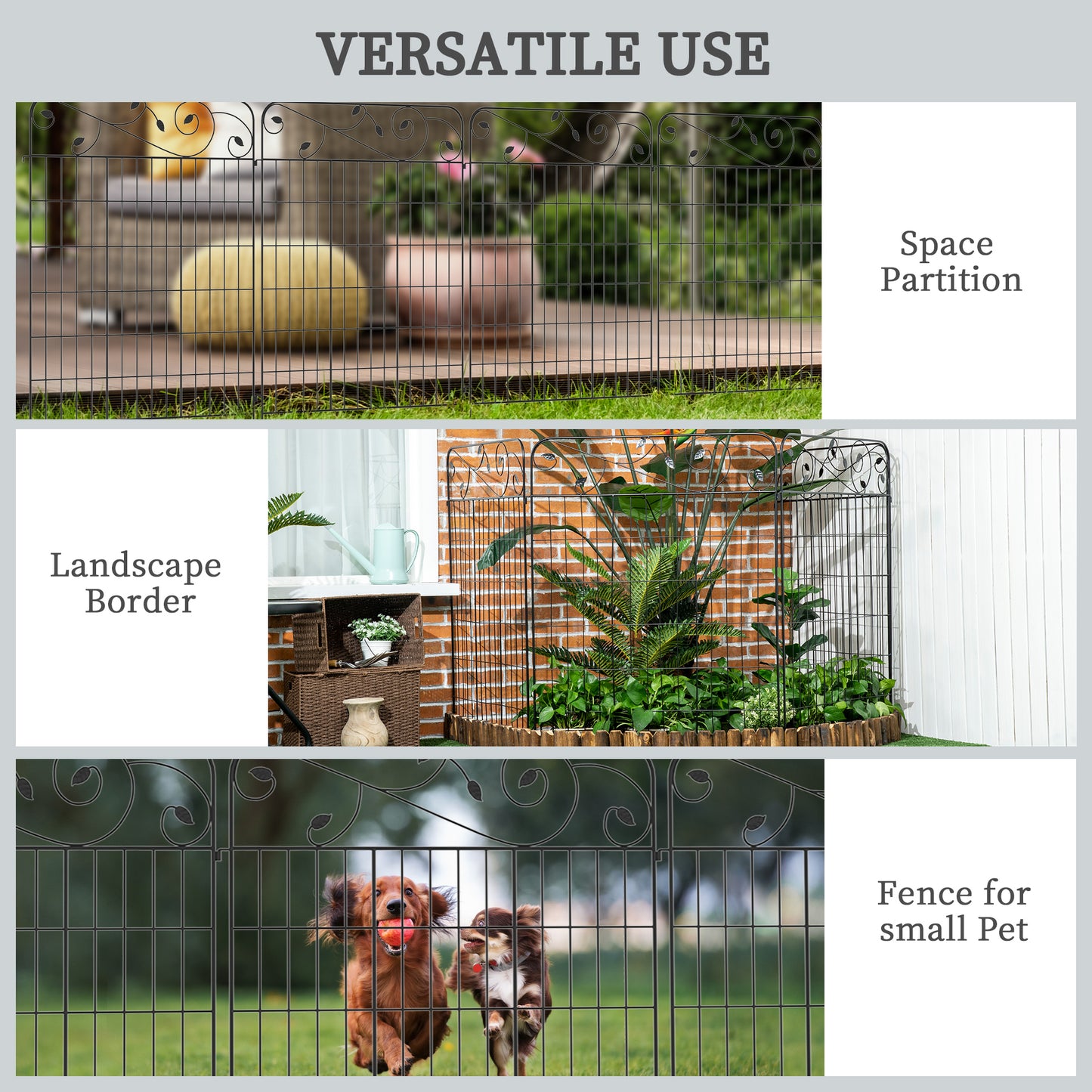 Outsunny Outdoor Metal Garden Fence Panels, Animal Barrier & Border Edging for Yard, Patio, 8 Pack, Scrollworks and Spears