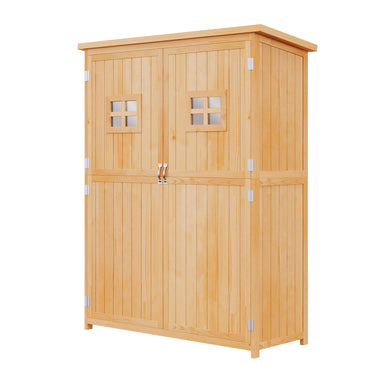 Outsunny 4x1.5ft Wooden Garden Storage Shed, Outdoor Tool Cabinet Organizer with Windows and Double Door, Nature Wood