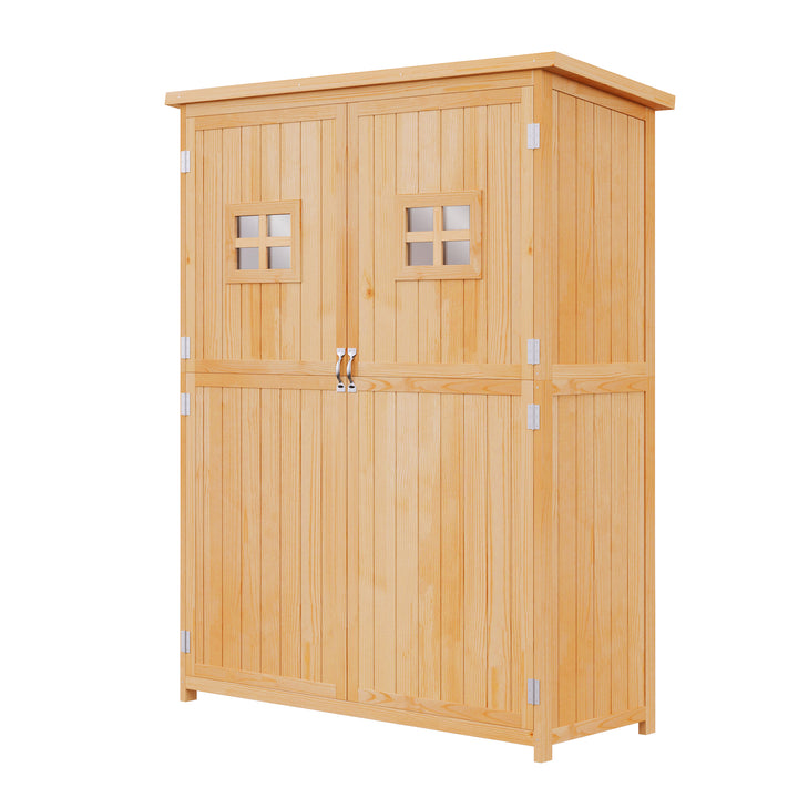 Outsunny 4x1.5ft Wooden Garden Storage Shed, Outdoor Tool Cabinet Organizer with Windows and Double Door, Nature Wood