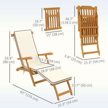 Outsunny Folding Patio Lounge Chair with Padded Cushion, Acacia Wood Patio Lounger Recliner with Footrest for Garden, White
