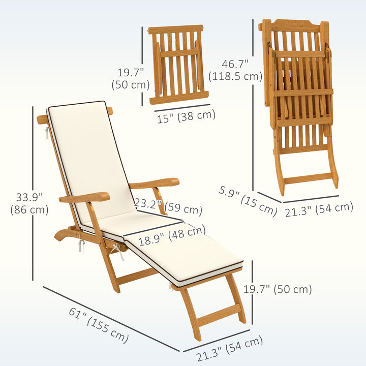 Outsunny Folding Patio Lounge Chair with Padded Cushion, Acacia Wood Patio Lounger Recliner with Footrest for Garden, White