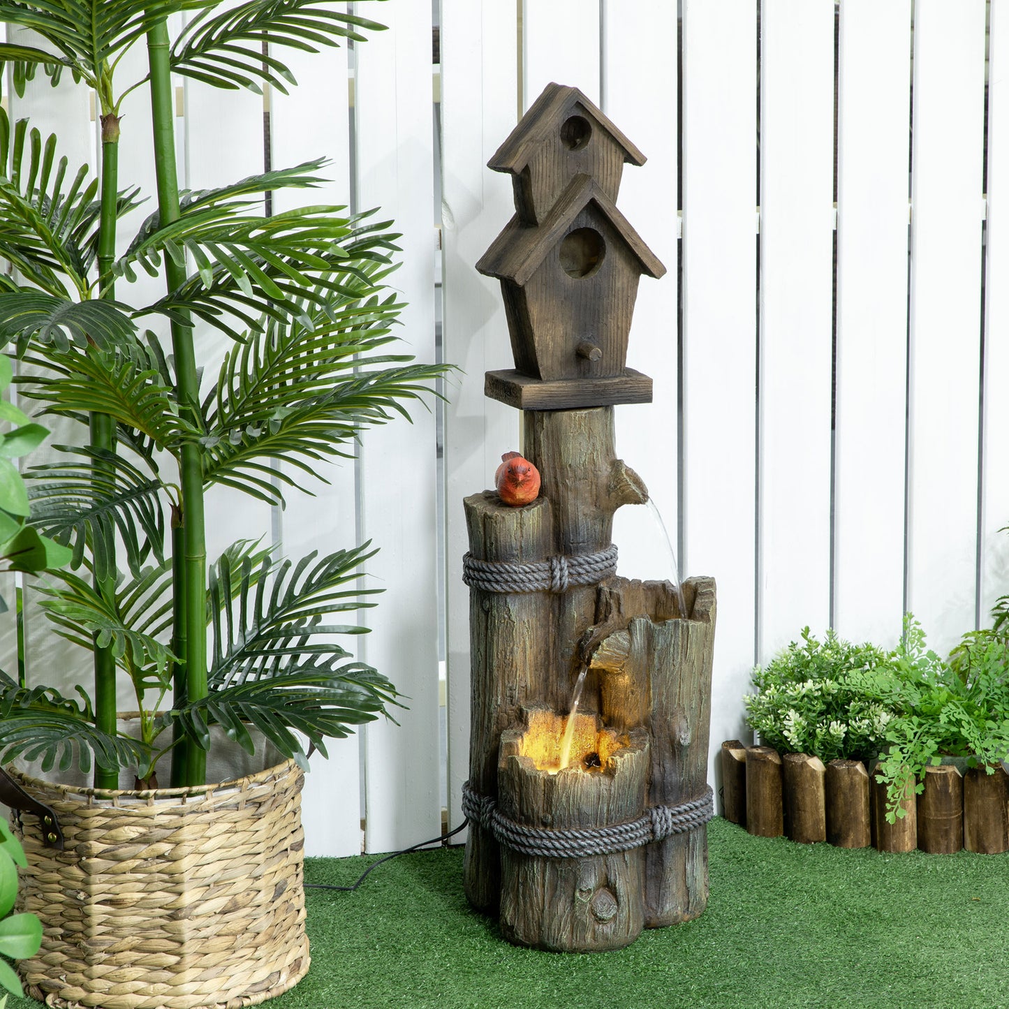 Outsunny Outdoor Fountain, Garden Waterfall with Birdhouse, 3-Tier Tree Trunk Design, LED Lights for Porch, Deck, Yard, Brown