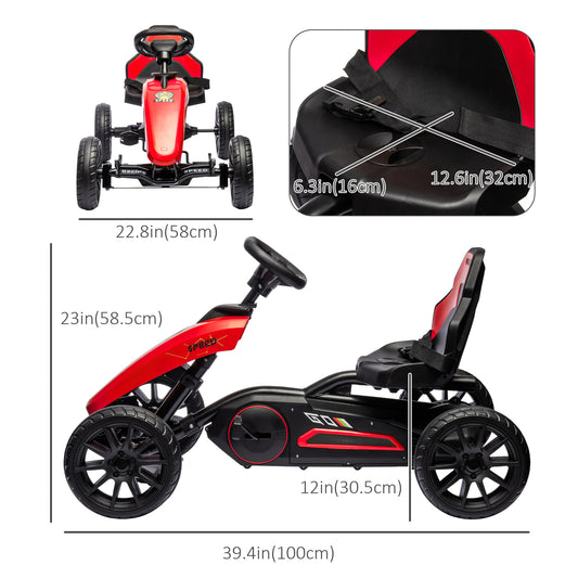 Aosom Pedal Go Kart for Kids, Pedal Car with Swing Axle, Adjustable Bucket, Handbrake, 4 EVA Wheels Powered Ride, Indoor Foot Racer, for 3-8 Years Old, Red