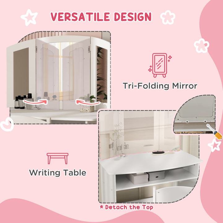 Qaba 2 in 1 Kids Vanity Set Makeup Dressing Table Pretend Play Set with Tri-Folding Mirror, Stool, Storage Shelf