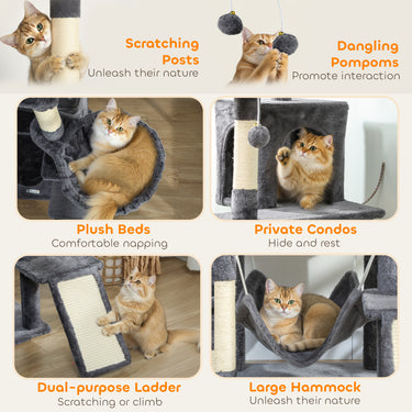 PawHut 76" Large Cat Tree for Indoor Cats with 8 Scratching Posts, 3 Plush Beds, 2 Hammocks, 2 Large Condos, Ramp, Dark Grey