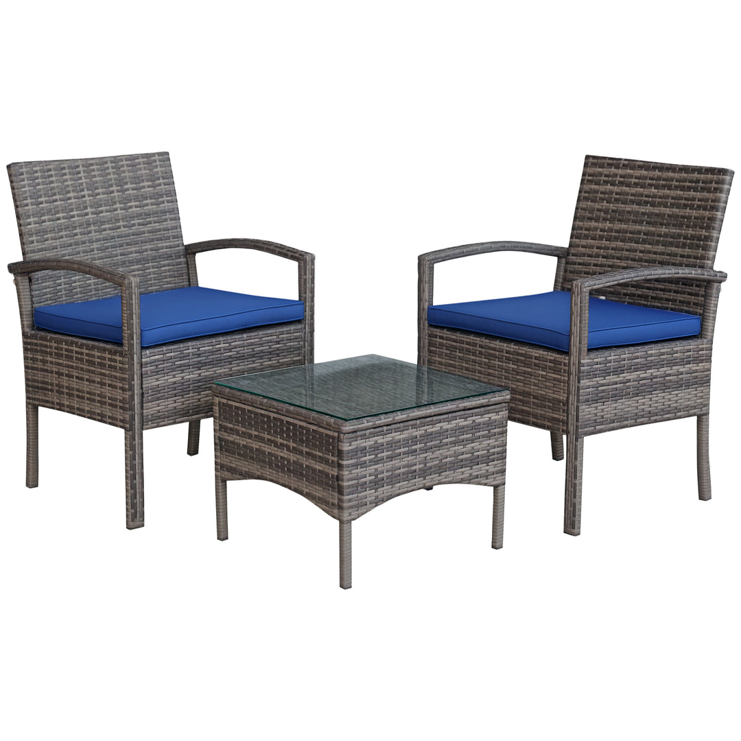 Outsunny 3 Pieces Wicker Patio Furniture Set, Rattan Bistro Set with Coffee Table and Cushions, Outdoor Conversation Set for Garden, Porch, Balcony, Blue