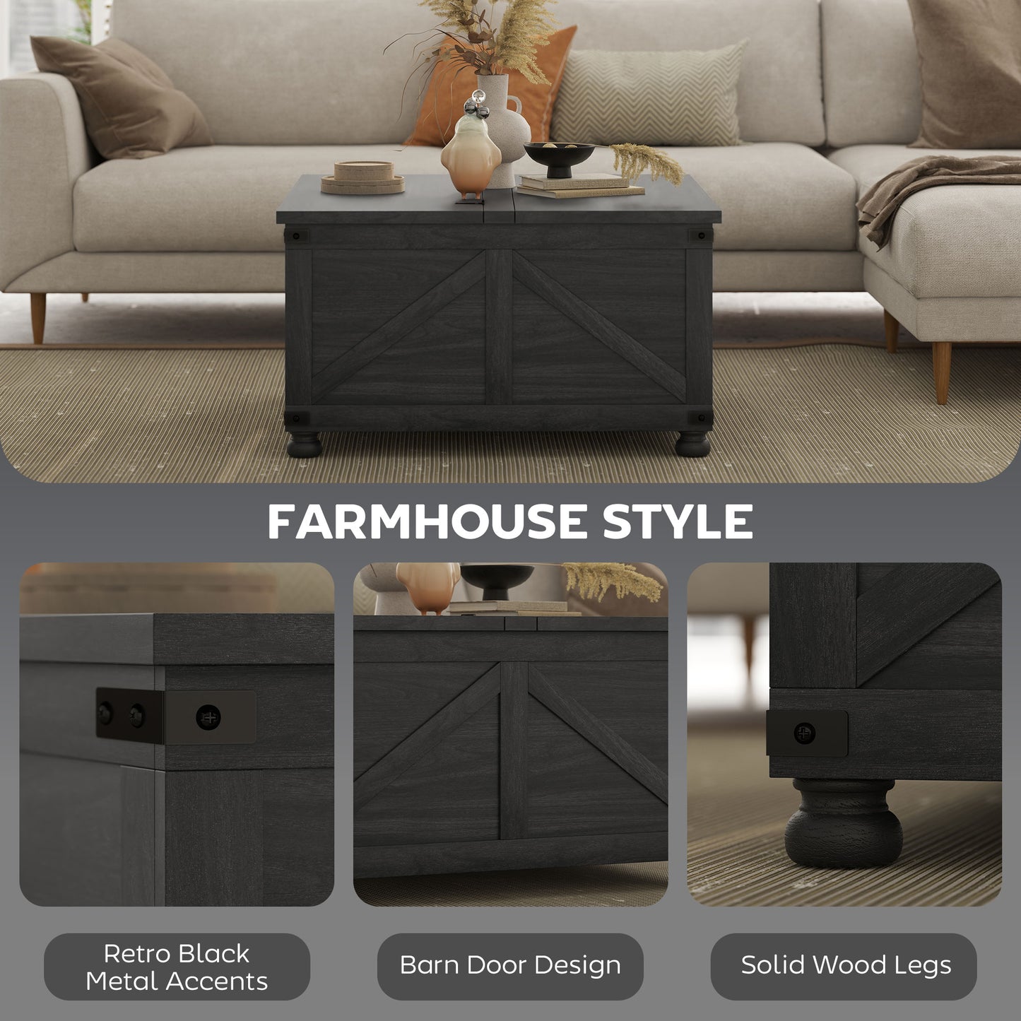 HOMCOM Coffee Table with Lift Top, 32" Farmhouse Center Table with Hidden Compartment for Living Room, Antique White