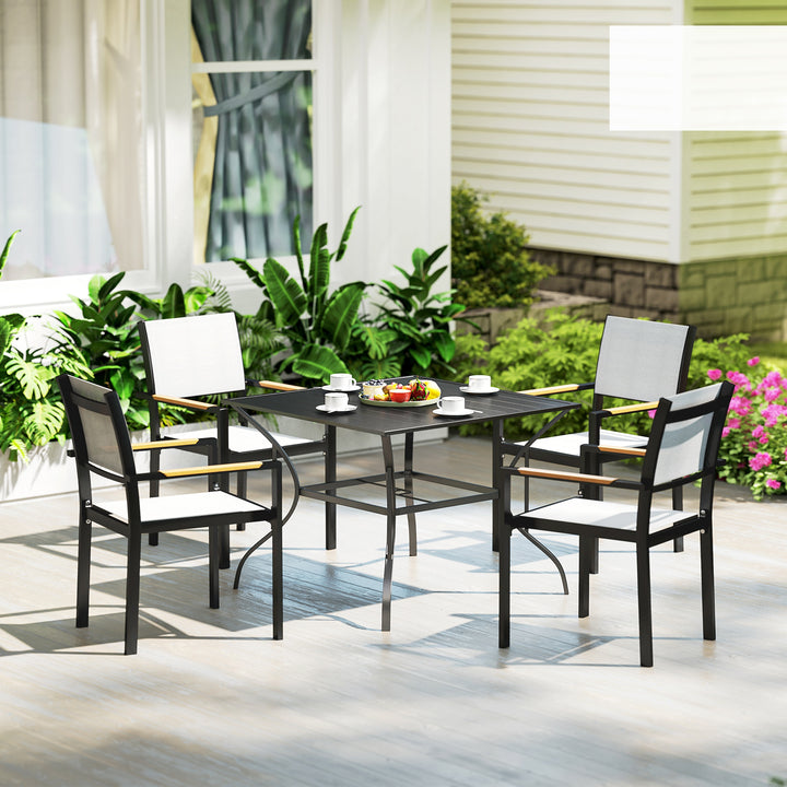 Outsunny Outdoor Dining Table for Four, Patio Table with Parasol Hole, Square Garden Table with Slatted Metal Plate Top, for Backyard, Poolside, Black